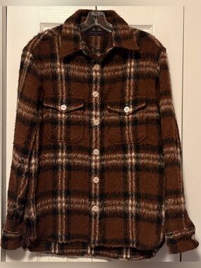 AllSaints Royodo Brown Plaid Fuzzy Textured Heavy Shirt Jacket Shacket Small S M